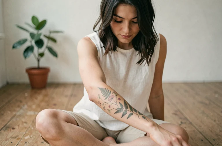 Jeune femme montrant son tatouage botanique de fougères sur l'avant-bras dans un studio minimaliste en bois