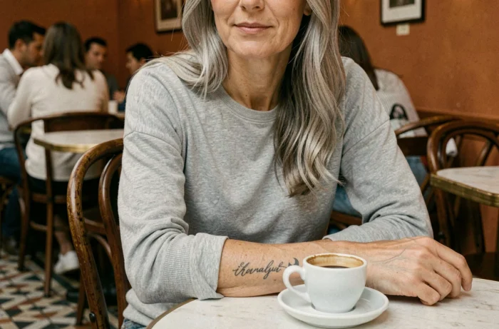 Femme mature dans un café parisien montrant son tatouage minimaliste en écriture cursive sur le poignet