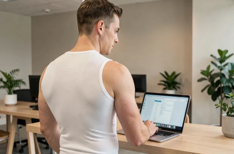 Homme portant un tee-shirt de posture Percko au bureau, dos droit devant un ordinateur portable dans un open-space moderne