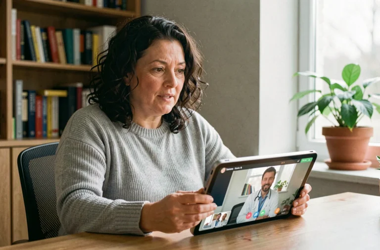Femme en téléconsultation médicale sur tablette depuis son bureau à domicile