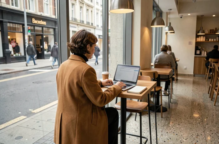 Femme en télétravail nomade travaillant sur un laptop dans un café urbain moderne, illustrant le business en ligne flexible