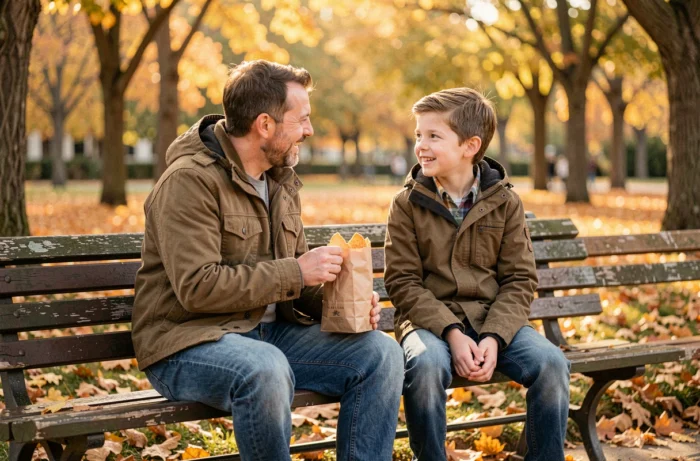 Un père et son fils assis côte à côte sur un banc dans un parc en automne, partageant un moment exclusif et complice lors de leur sortie hebdomadaire