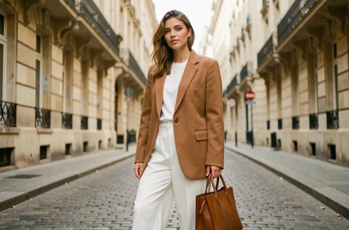 Femme portant un blazer camel oversize et un pantalon large blanc dans une rue pavée parisienne, tendance prêt-à-porter contemporain