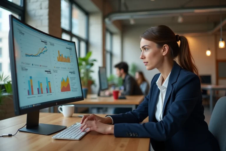 Femme professionnelle analysant des tendances business et des données web sur un grand écran dans un espace de coworking moderne