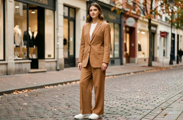 Femme portant un blazer oversize camel et un pantalon large dans une rue pavée européenne, look tendance automne-hiver