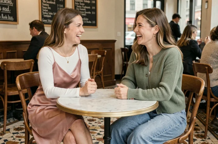 Deux femmes élégamment vêtues aux tendances prêt-à-porter actuelles discutant dans un café parisien, robe satin et cardigan tricoté
