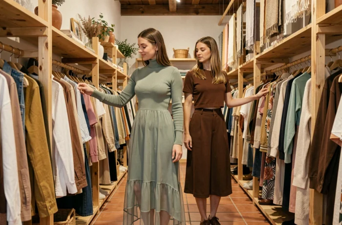 Deux femmes aux styles tendance saisonnier en train de faire du shopping dans un concept store élégant aux matières naturelles