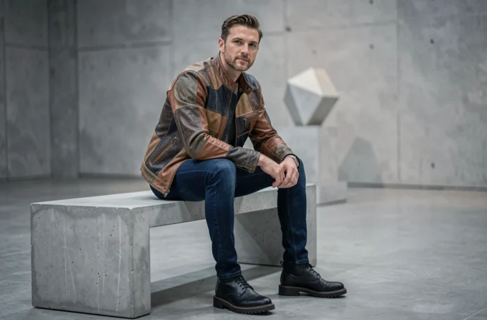Homme en veste en cuir patchwork et boots à semelles crantées assis dans une galerie d'art moderne, style mode masculin tendance