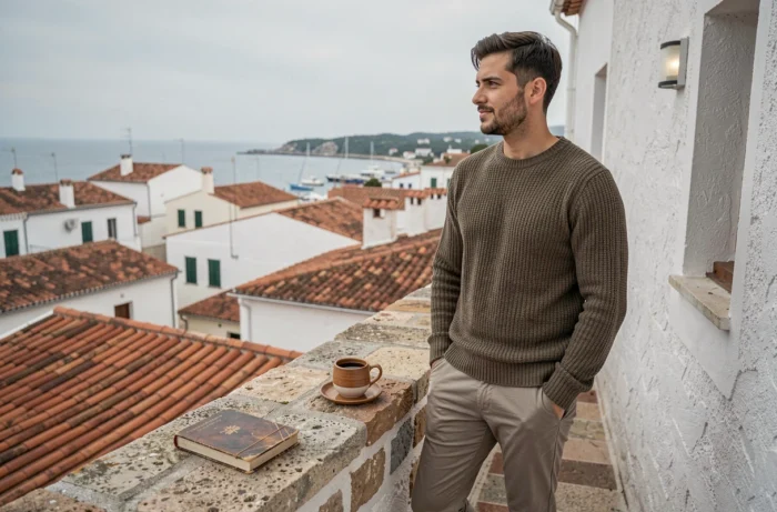 Jeune voyageur sur une terrasse de guesthouse méditerranéenne avec vue sur les toits en terre cuite et un port en arrière-plan