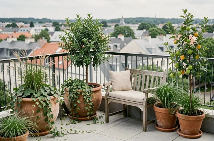 Terrasse urbaine aménagée en jardin verdoyant avec des plantes en pot, du bois naturel et une vue sur la ville en arrière-plan