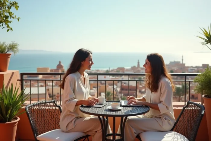 Terrasse avec vue sur les toits d'Essaouira et l'océan Atlantique, idéale pour une location longue durée entre particuliers