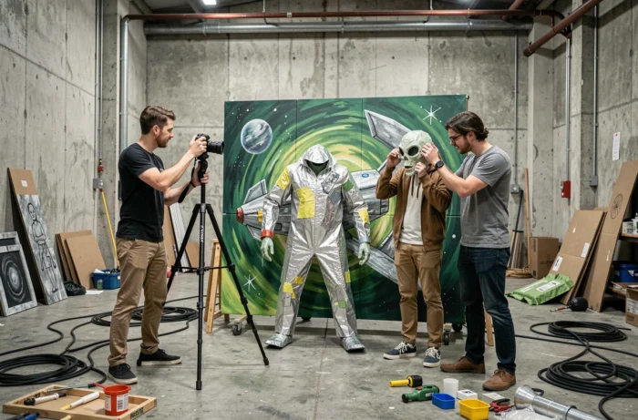 Tournage amateur d'un film de série Z avec costume alien artisanal et décor en carton dans un entrepôt industriel