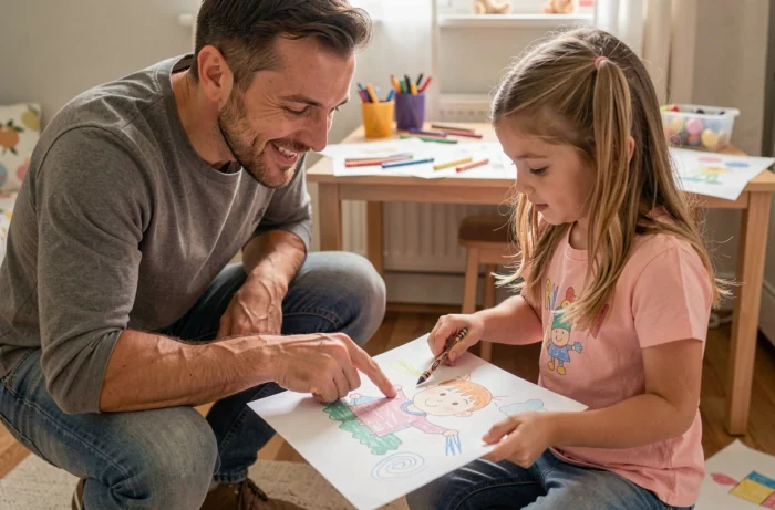 Un père agenouillé au niveau de sa fille montre du doigt les détails de son dessin pour valoriser son effort, dans un cadre d'encouragement bienveillant