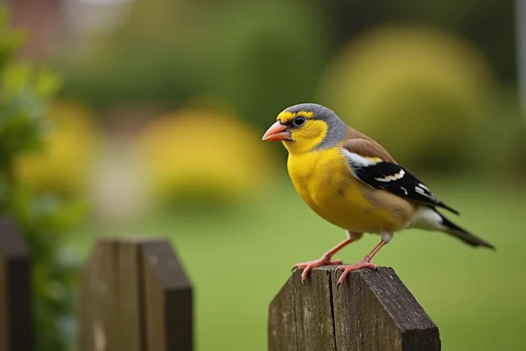 Verdier d'Europe posé sur un piquet de clôture en bois, plumes gonflées et bec entrouvert signe de bien-être et de contentement