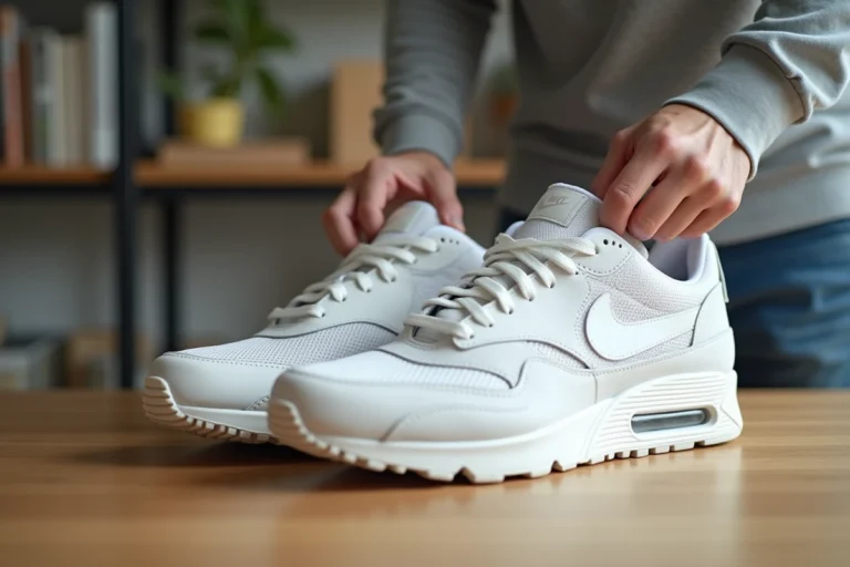 Homme inspectant l'étiquette avec le numéro de série d'une basket Nike Air Max blanche posée sur une table en bois