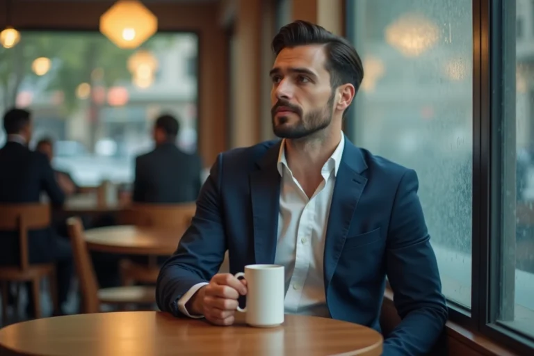 Homme songeur attablé seul dans un café, illustrant la notion de vie privée et d'intimité préservée