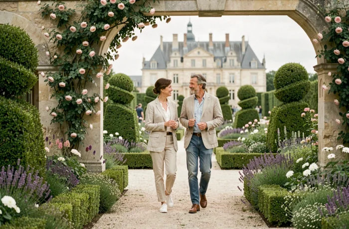 Couple se promenant dans les jardins du château de Chaumont-sur-Loire lors du Festival des Jardins au printemps, entouré de sculptures végétales et de fleurs