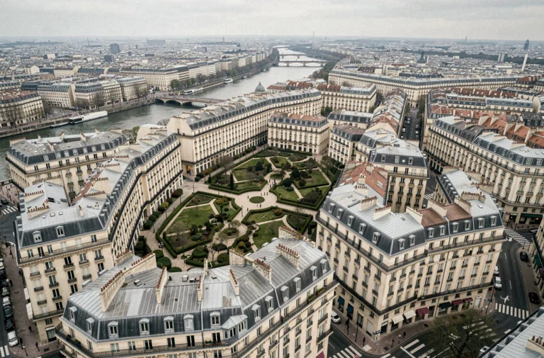 Vue aérienne des toits haussmanniens et des grands boulevards parisiens depuis un drone professionnel