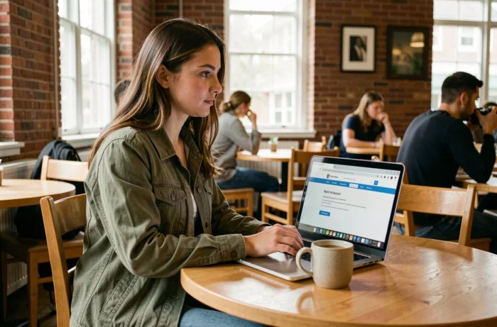 Jeune femme se connectant au webmail de l'académie de Dijon depuis un café universitaire avec son ordinateur portable